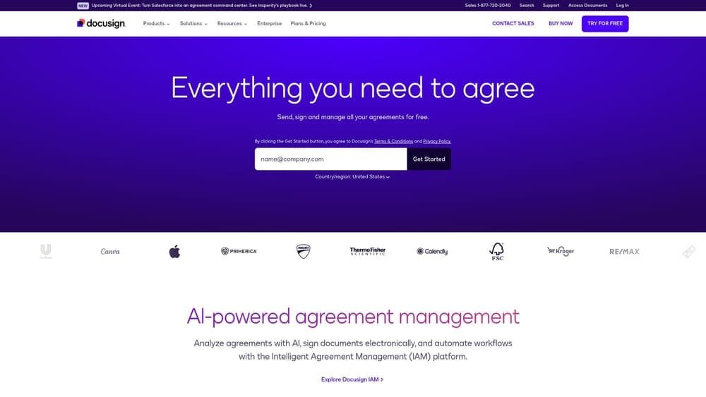 Screenshot of DocuSign website